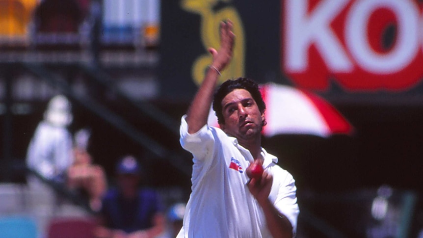 Wasim Akram bowls during a Test against Australia