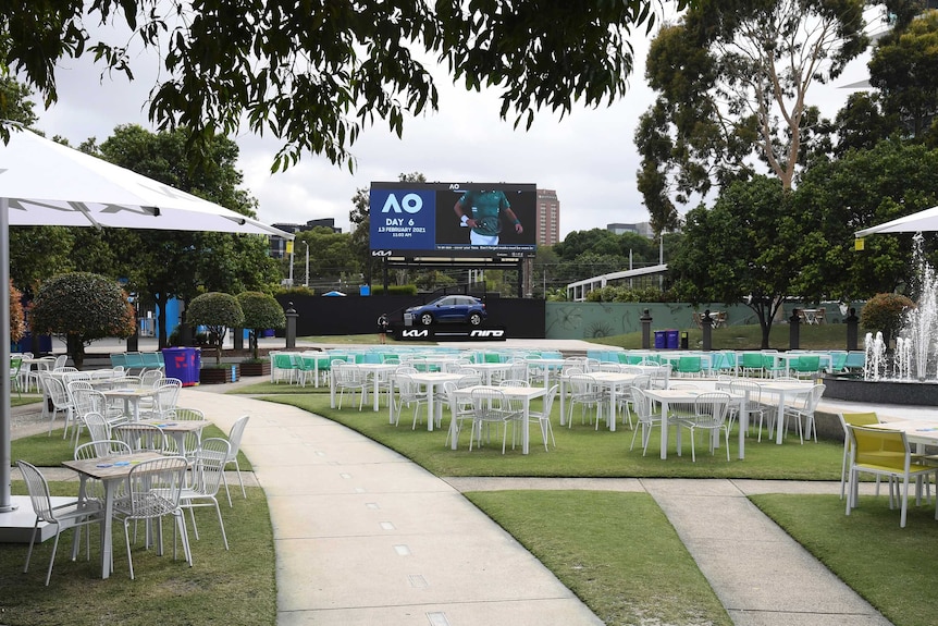 An empty Garden Square is seen at Melbourne Park, venue for the Australian Open.