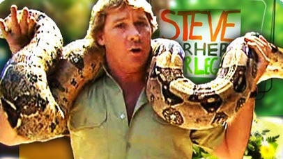 Steve Irwin holding a large snake across his shoulders.