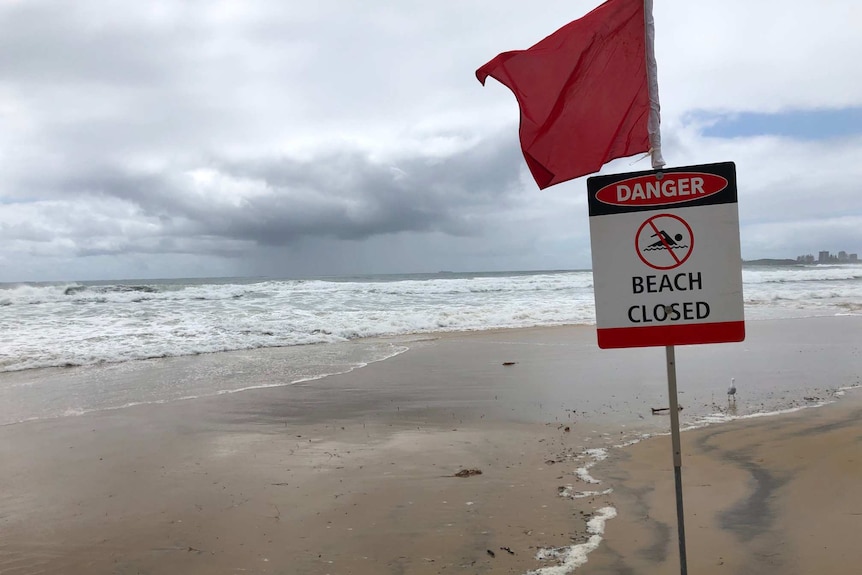 A red flag and beach closed sign on the beach at Alexandra Heads.