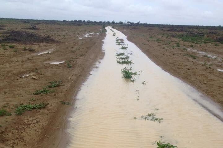 A dirt road pooled with water after rain, south east of Julia Creek.