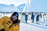 Smiling man surrounded by emperor penguins in Antarctica in a story about working as a tradie.
