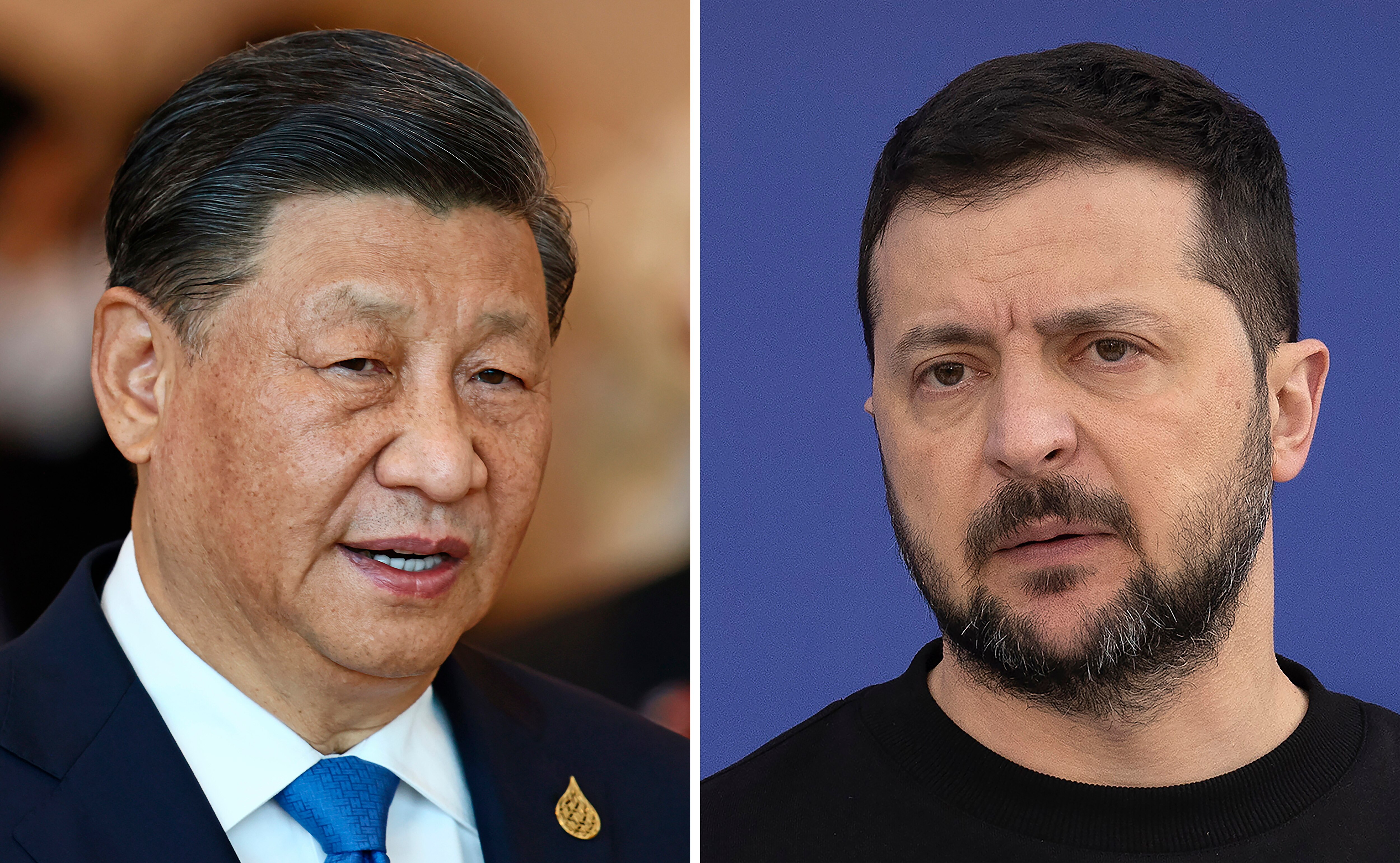 A composite image shows shows China's President Xi Jinping on the left and Ukrainian President Volodymyr Zelenskyy on the right.