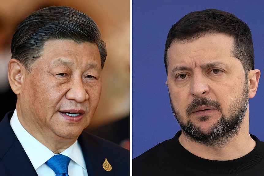 A composite image shows shows China's President Xi Jinping on the left and Ukrainian President Volodymyr Zelenskyy on the right.
