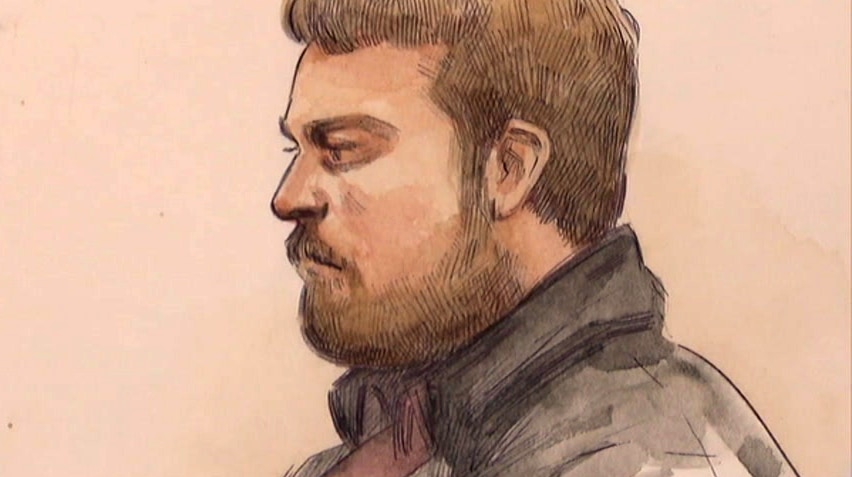 A court sketch of a man with a beard wearing a black shirt and maroon tie.