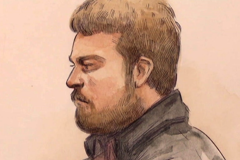 A court sketch of a man with a beard wearing a black shirt and maroon tie.