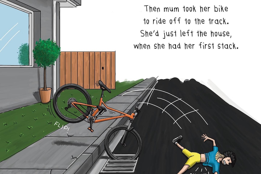 Children's book illustration showing a woman crashing from her bike onto the road.