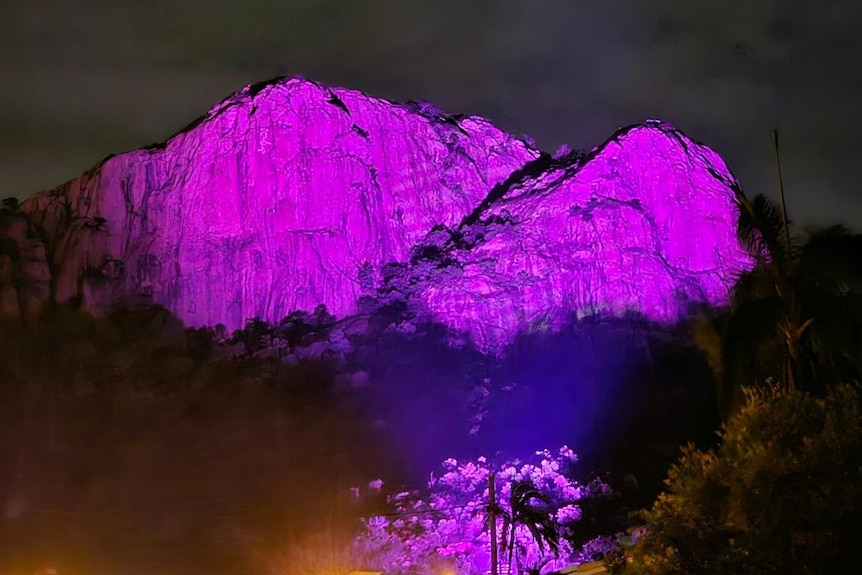 A large rock hill - Castle Hill in Townsville- illuminated under a pink light. It's night time. 