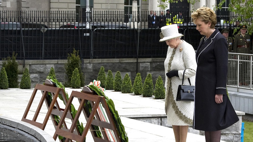 The Queen and Ireland's president Mary McAleese lay wreaths in Dublin