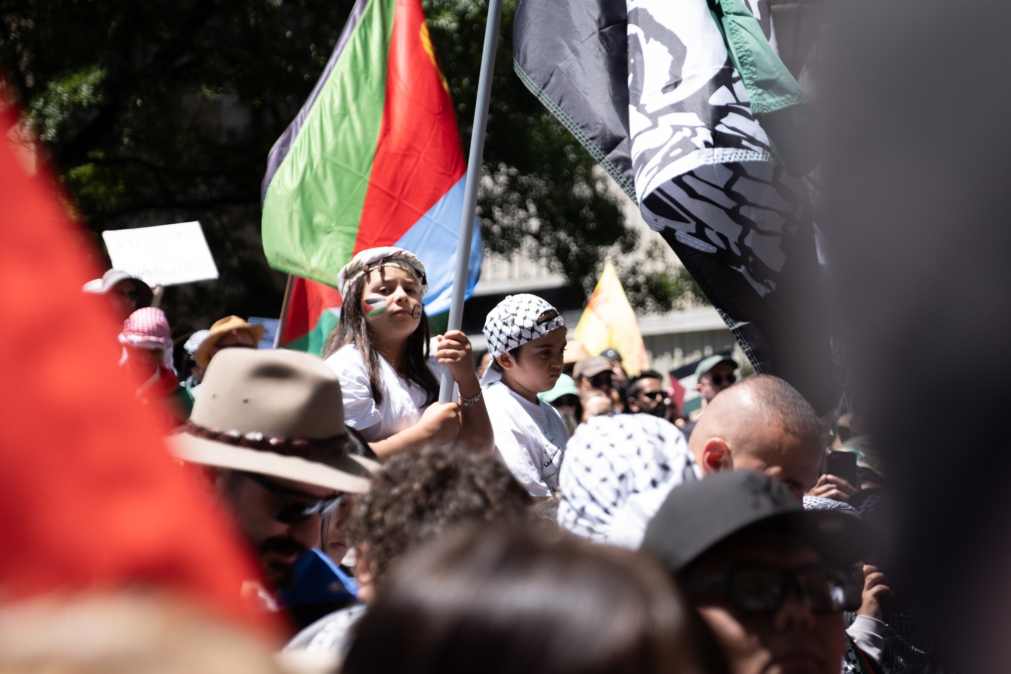 Children sit on shoulders waving flags at a rally.