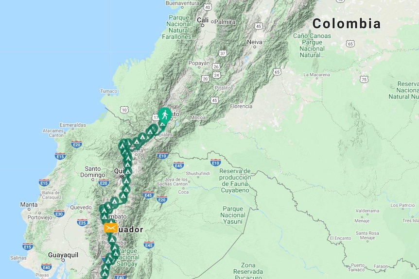 A map of part of Colombia and Ecuador in South America showing the trail of adventurer Lucy Barnard