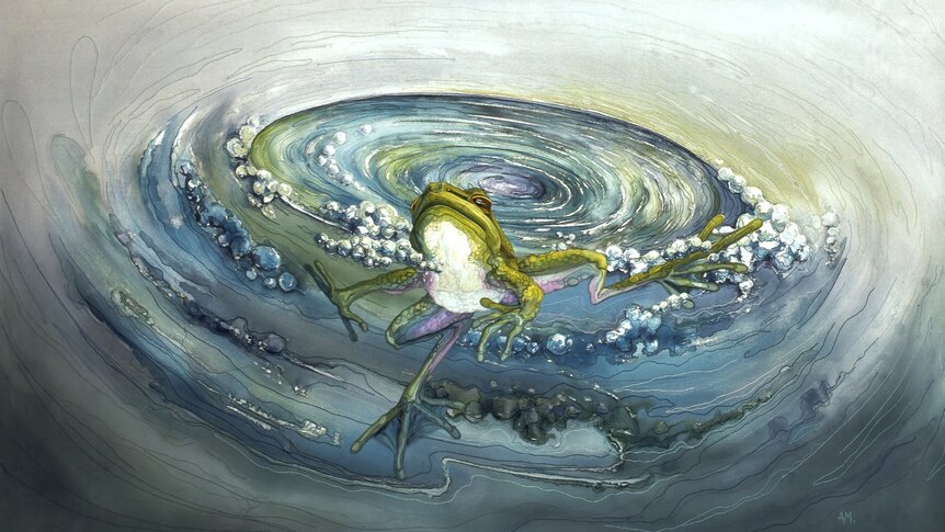 An artwork of a green and white frog leaping out of a whirlpool of water.