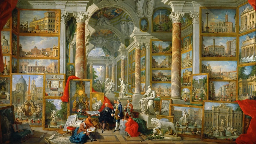 A colourful painting depicts a group of men in a large museum, surrounded by portraits of Rome and ancient statues.