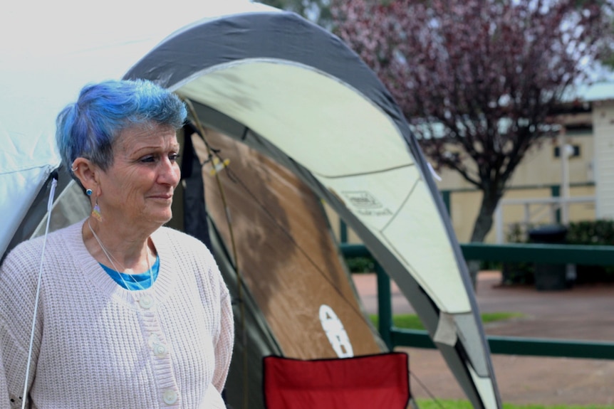 An older woman stands outside a tent. She has blue hair and there is a cherry tree in the background