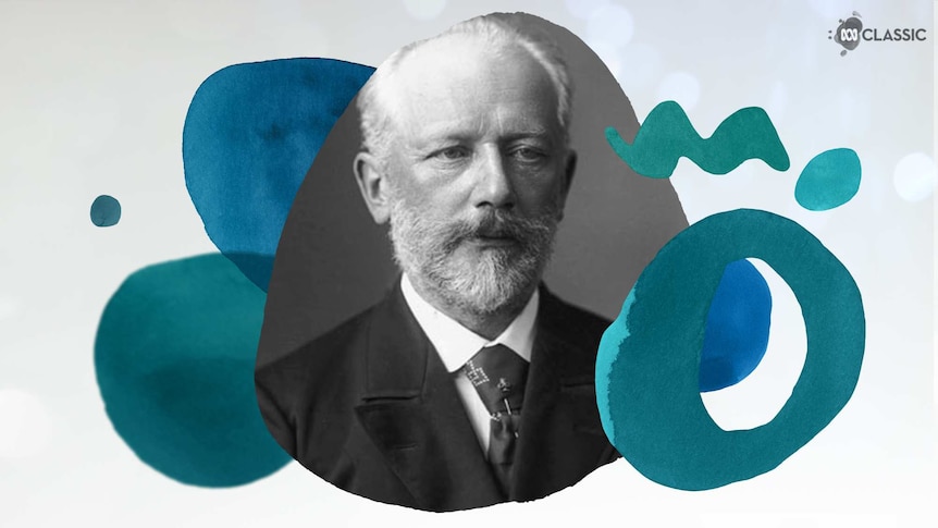 An image of composer Pyotr Ilyich Tchaikovsky with stylised musical notation overlayed in tones of teal.