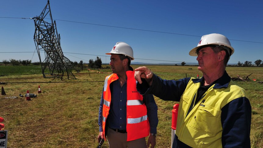 South Australia Energy Minister Tom Koutsantonis and Electranet's Kevin Kerry asses damage caused by storms.