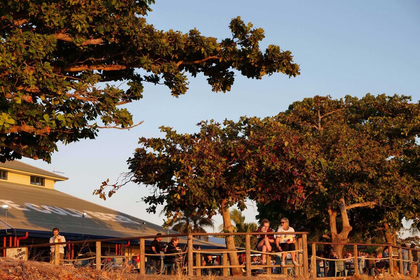 An image showing an area lit by sunset with golden tones. Large trees are seen, as are people with drinks.