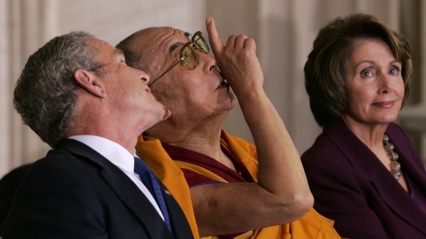 The Dalai Lama with George W. Bush and Nancy Pelosi