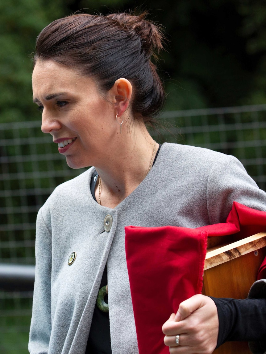 New Zealand Prime Minister Jacinda Ardern talks at the Pike River Mine near Greymouth on the West Coast of New Zealand.