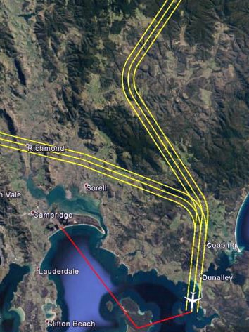 Yellow lines show flight path over Dunalley