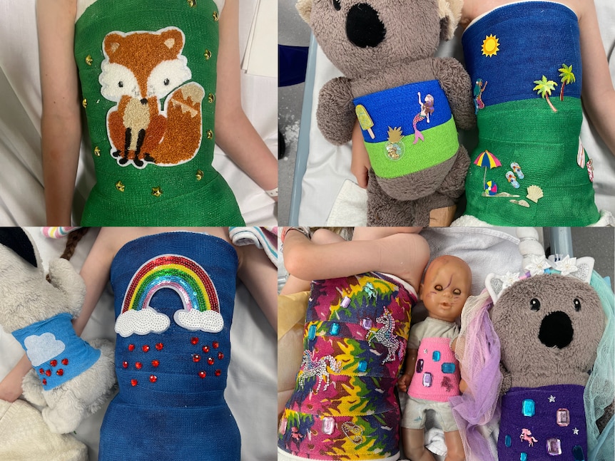Four images of cast designs: green with stars and a big fox, a beach scape, a rainbow with glitter and rainbows and unicorns.
