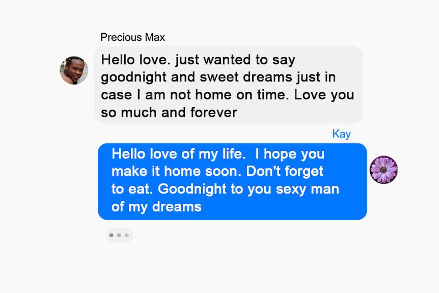Text message exchange between Australian woman Kay Smith and conman Precious Max
