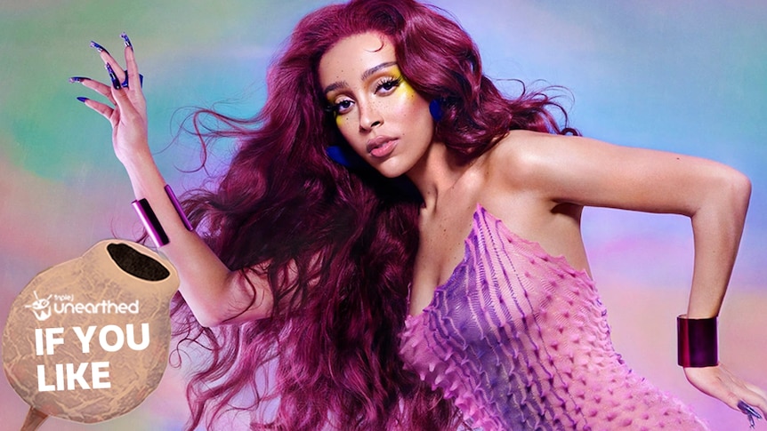 Doja Cat, wearing a pink shirt, stands in front of a tie-dye background. The 'If You Like' logo is edited in.