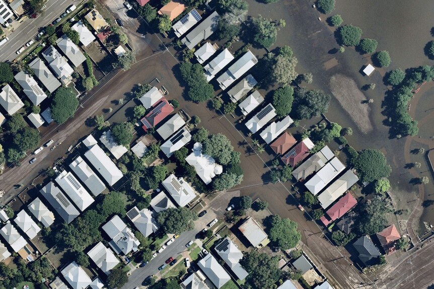 A flooded row of houses in the Brisbane suburb of Milton is seen from above.