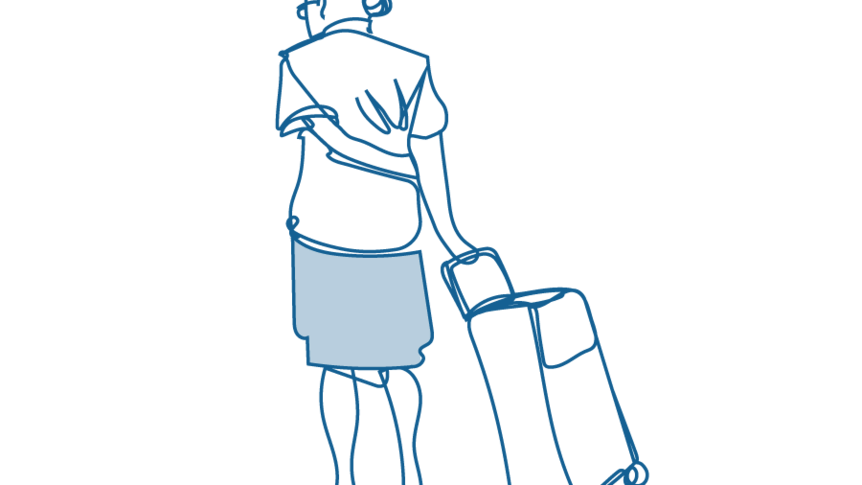 An illustration of an elderly woman pulling a shopping cart behind her.