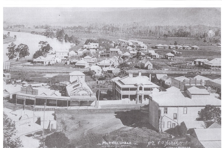 A black and white photo showing old buildings and mountains and forests in the background