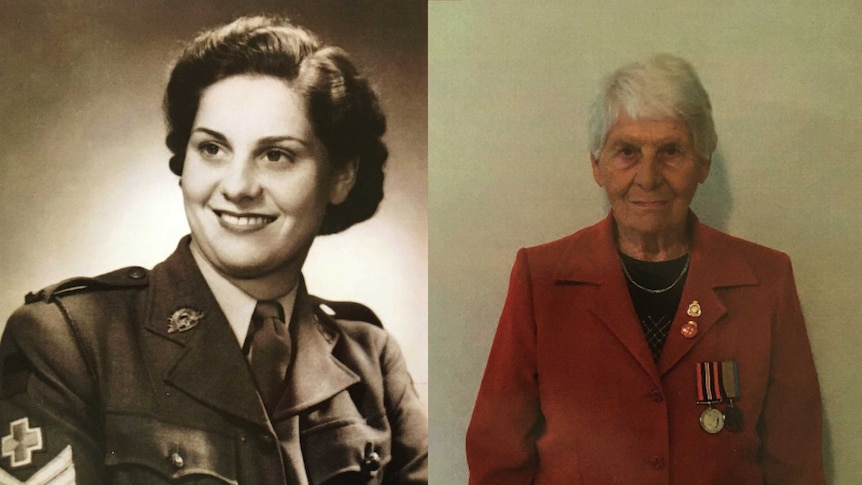 A composite image of a woman in a wartime nursing uniform and an elderly woman wearing two medals