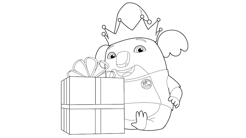 Line drawing of Frizzy holding a present
