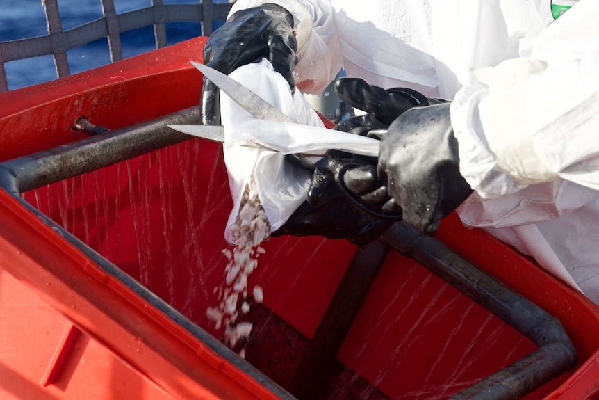 A person wearing a hazard protection suit cuts open a bag containing heroin over a wheelie bin.