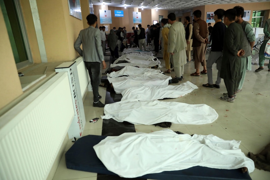 Afghan men try to identify the dead bodies at a hospital after a bomb explosio
