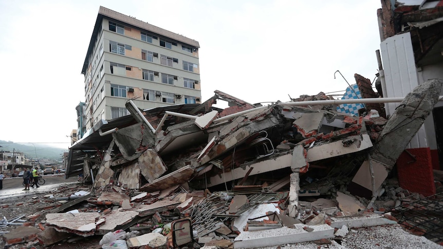 View of rubble after a 7.8-magnitude quake in Portoviejo, Ecuador.