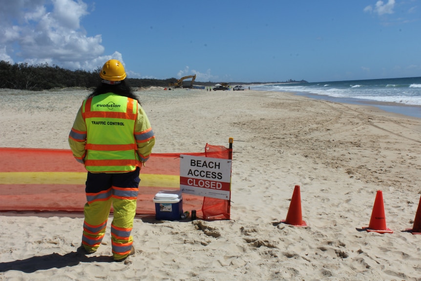 The back of a worker in hi-visibility suit looking at a beach worksite in the distance.