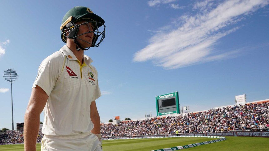 Australia batsman Marnus Labuschagne walks off the field under sunny skies during the Ashes Test at Headingley.