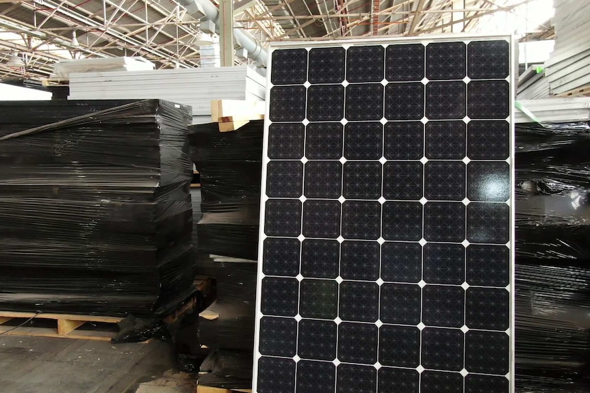 Hundreds of old solar panels sit on a factory floor