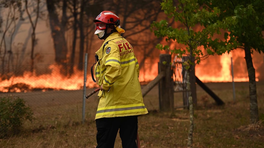 firefighter standing amid flames in bushland