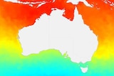 A map of Australia with the ocean covered in bright colours reflecting a rise in sea temperatures.