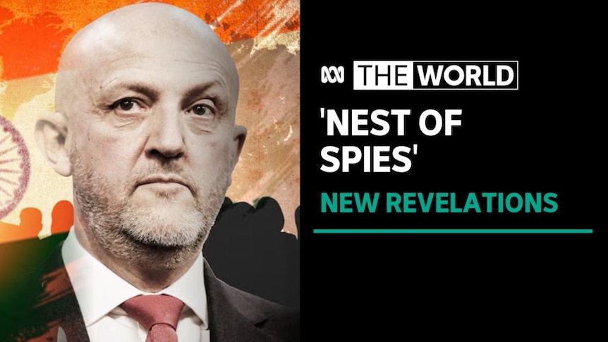 'Nest of Spies', New Revelations: A man in a suit and tie with a graphic backdrop of the Indian flag and silhoueted figures.