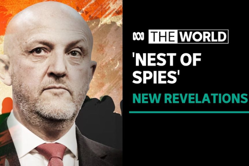 'Nest of Spies', New Revelations: A man in a suit and tie with a graphic backdrop of the Indian flag and silhoueted figures.