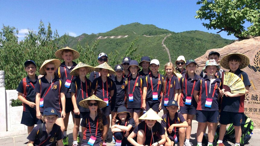 Children from Scotch Oakburn College in Launceston at the Great Wall of China.