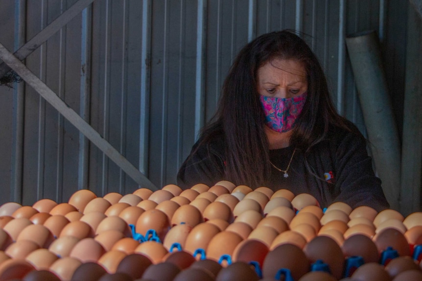 A woman with long dark hair, a pink and blue face mask and dark clothing sorts eggs.