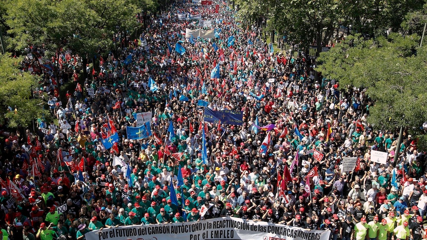 Thousands of Spanish miners and their supporters protest against government austerity in Madrid.