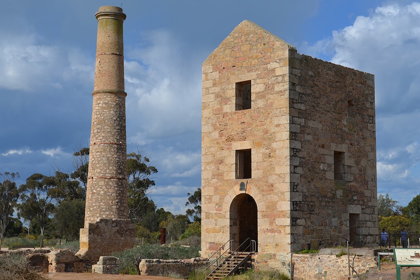 An old brick chimney and three-storey enginehouse at Moonta