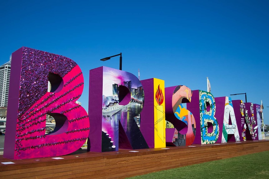 The 25-metre-long, multi-coloured Brisbane sign on the southern bank of the Brisbane River.