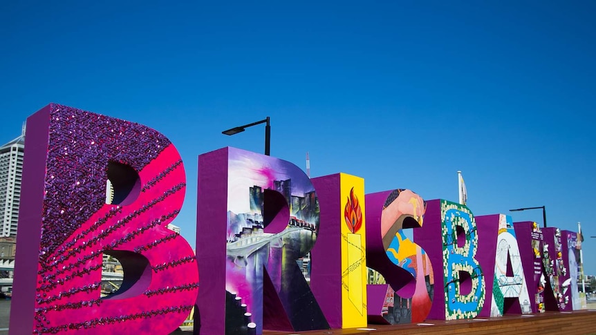 The 25-metre-long, multi-coloured Brisbane sign on the southern bank of the Brisbane River.