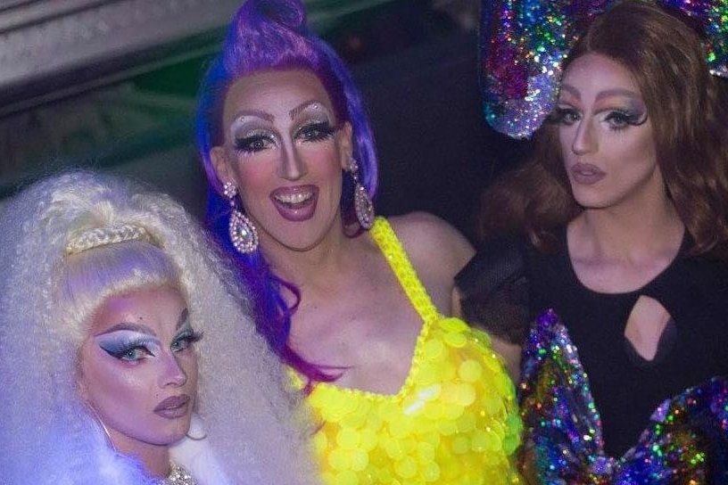 Three drag queens at Tasmanian LGBTIQ club Flamingos Dance Bar.