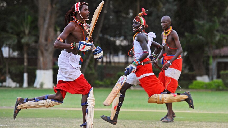 Players in the Maasai Warriors cricket team embark on a run.